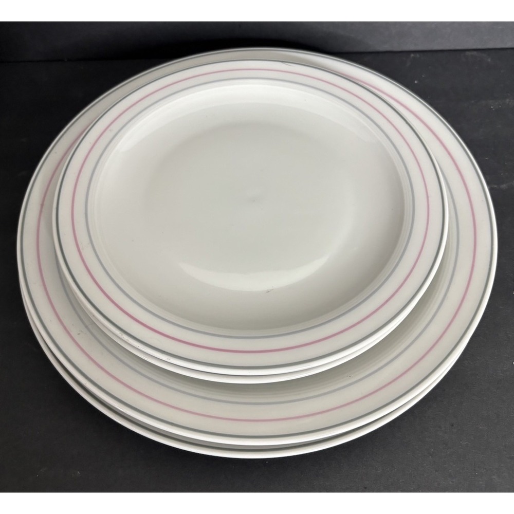 4 Johann Seltmann Vohenstrauss Bavaria Plates 7.5" and 9.5" Pink Gray Striped